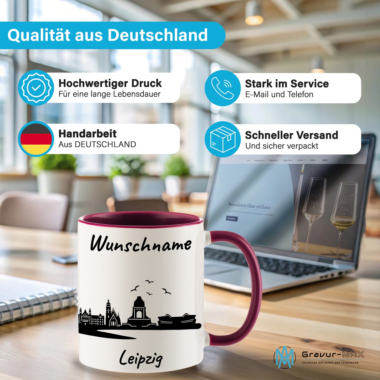 Tasse in Bordeauxrot 330ml bedruckt mit der Skyline von Leipzig personalisierbar mit Wunschname