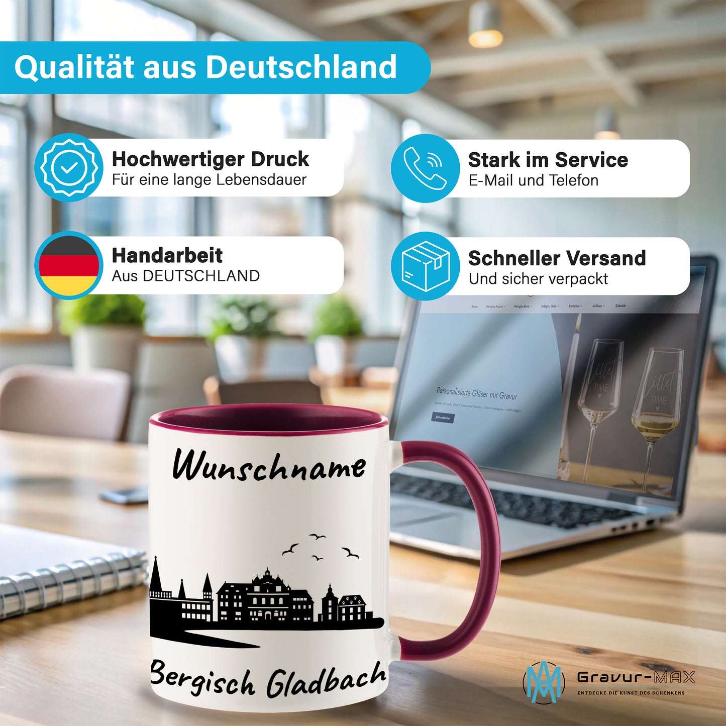Tasse in Bordeauxrot 330ml bedruckt mit der Skyline von Bergisch Gladbach personalisierbar mit Wunschname