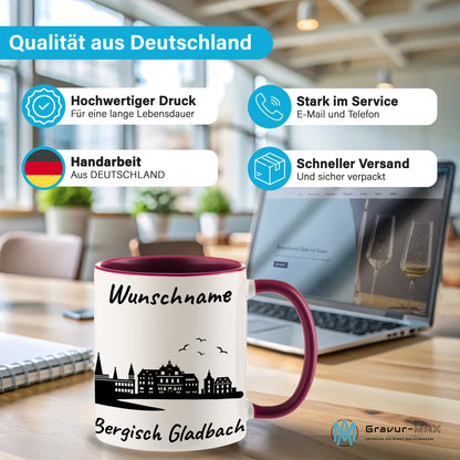 Tasse in Bordeauxrot 330ml bedruckt mit der Skyline von Bergisch Gladbach personalisierbar mit Wunschname