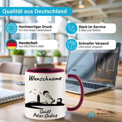 Tasse in Bordeauxrot 330ml bedruckt mit der Skyline von Sankt Peter-Ording personalisierbar mit Wunschname