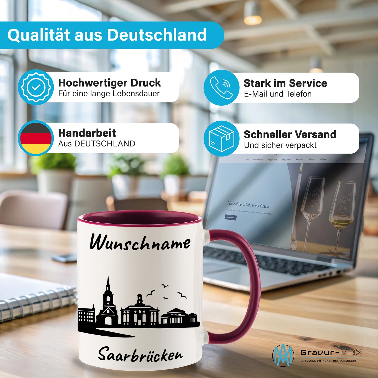 Tasse in Bordeauxrot 330ml bedruckt mit der Skyline von Saarbrücken personalisierbar mit Wunschname