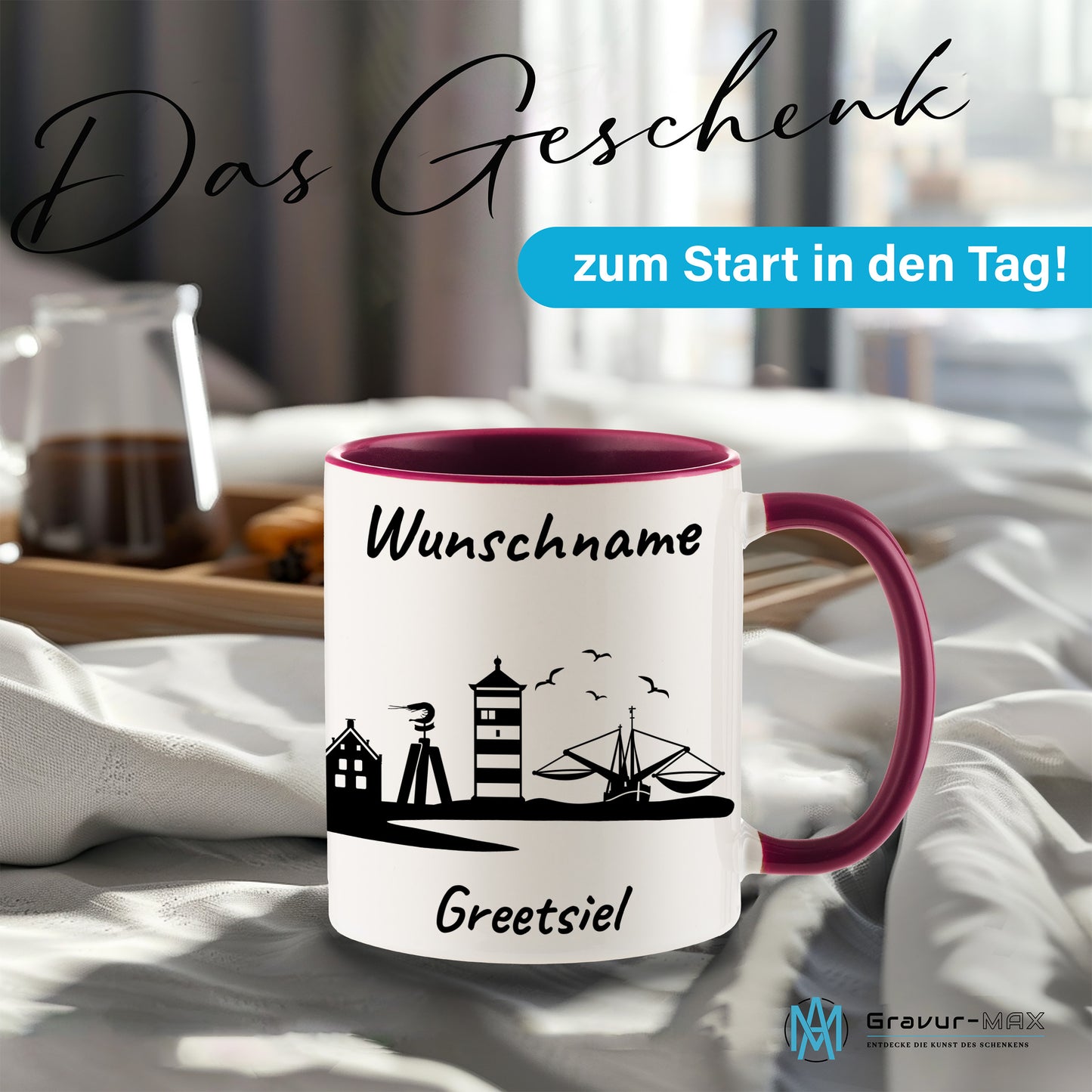 Tasse in Bordeauxrot 330ml bedruckt mit der Skyline von Greetsiel personalisierbar mit Wunschname