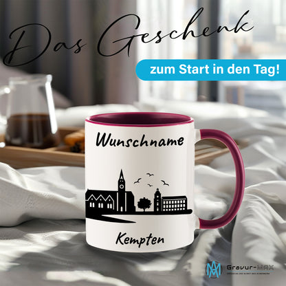 Tasse in Bordeauxrot 330ml bedruckt mit der Skyline von Kempten personalisierbar mit Wunschname