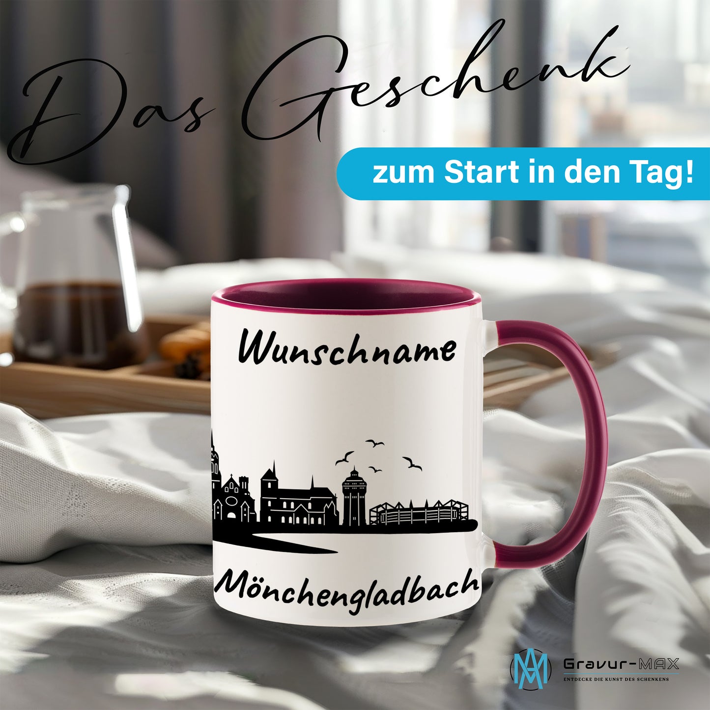 Tasse in Bordeauxrot 330ml bedruckt mit der Skyline von Mönchengladbach personalisierbar mit Wunschname