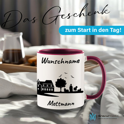Tasse in Bordeauxrot 330ml bedruckt mit der Skyline von Mettmann personalisierbar mit Wunschname
