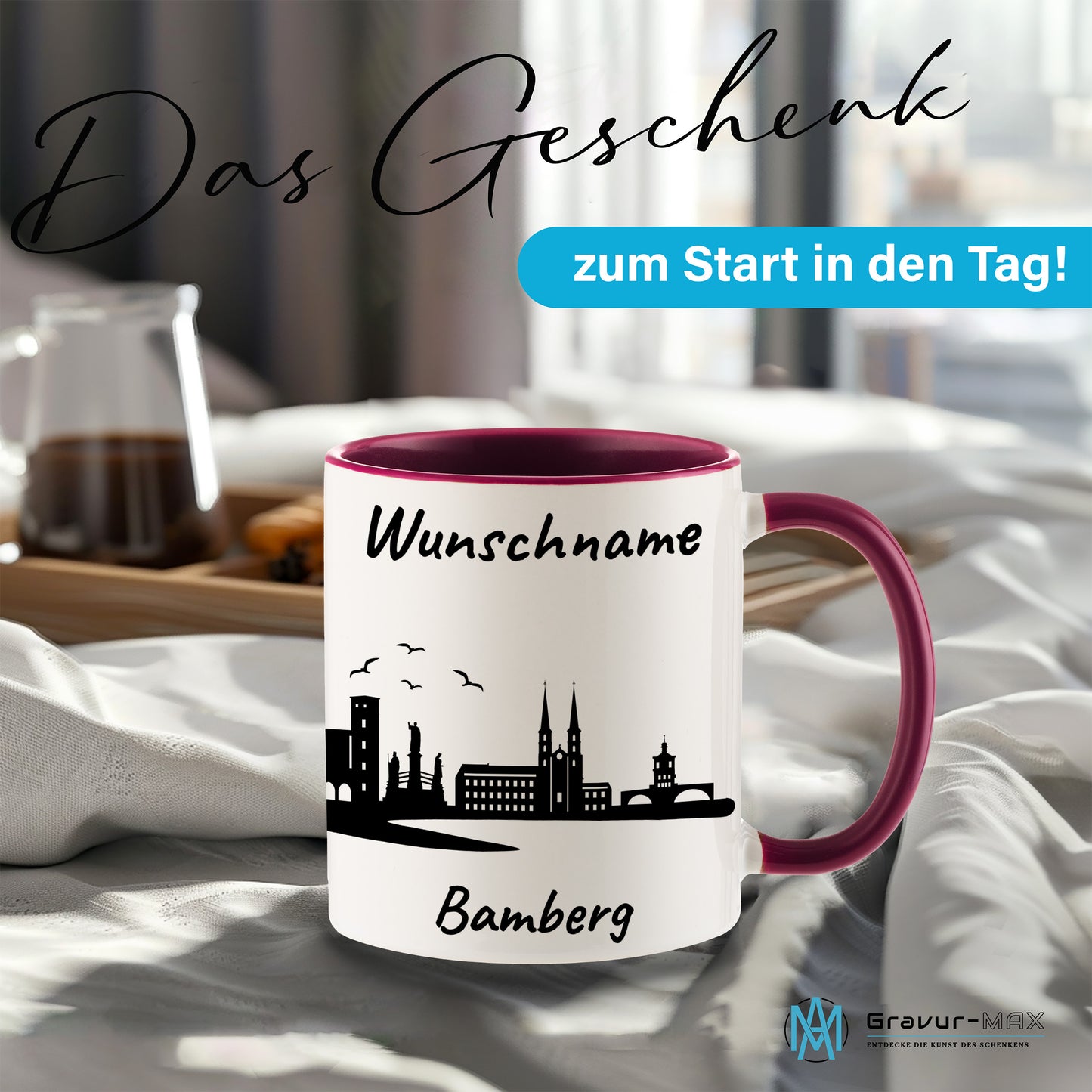 Tasse in Bordeauxrot 330ml bedruckt mit der Skyline von Bamberg personalisierbar mit Wunschname