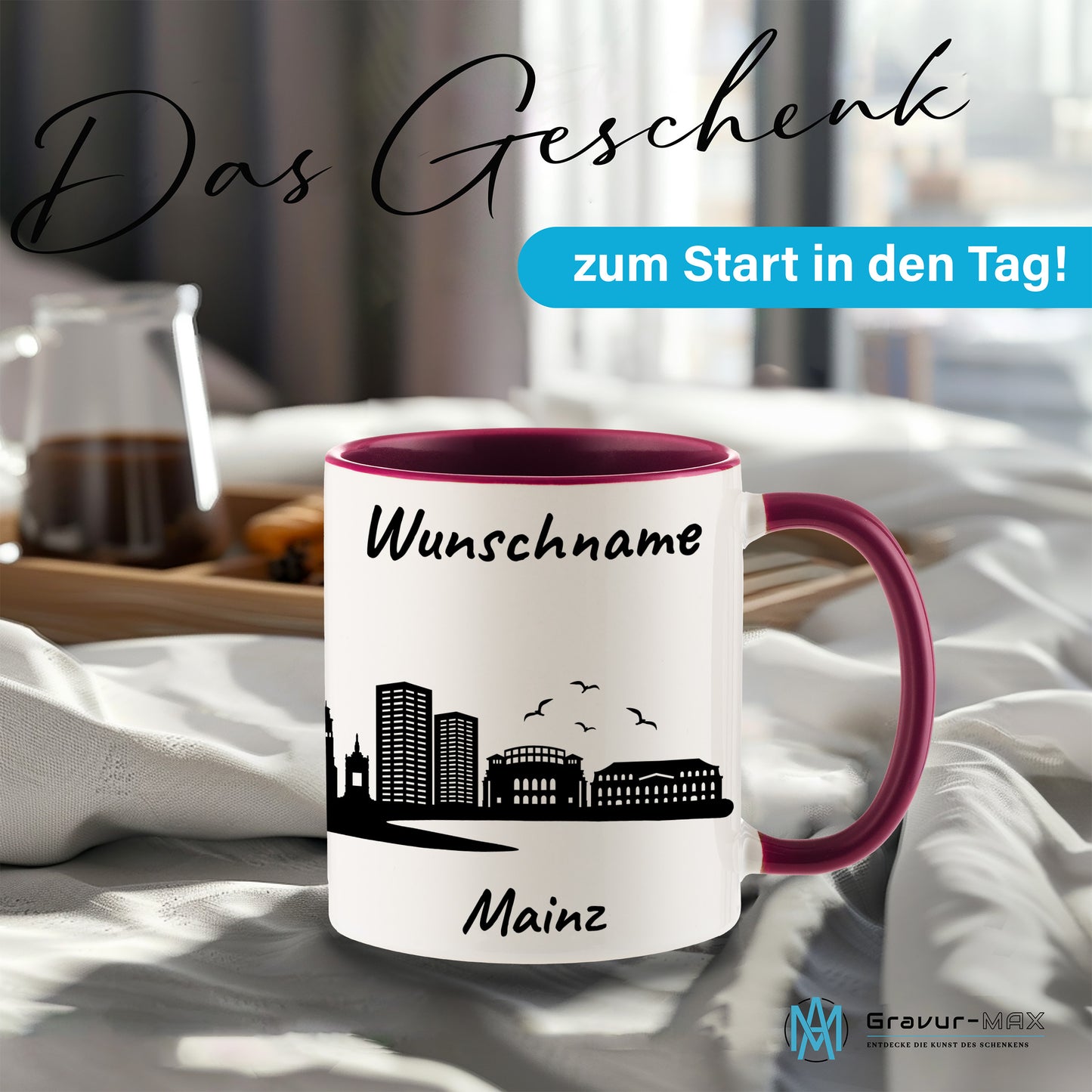 Tasse in Bordeauxrot 330ml bedruckt mit der Skyline von Mainz personalisierbar mit Wunschname