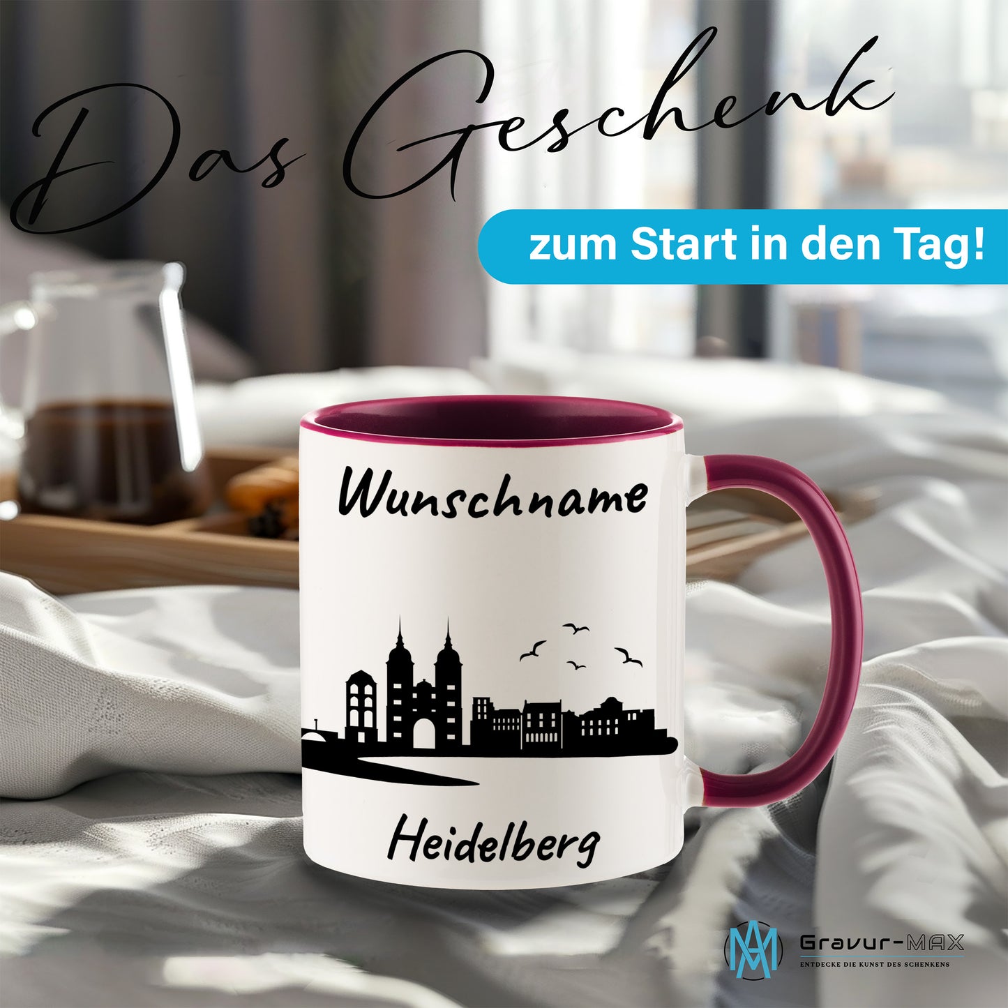 Tasse in Bordeauxrot 330ml bedruckt mit der Skyline von Heidelberg personalisierbar mit Wunschname