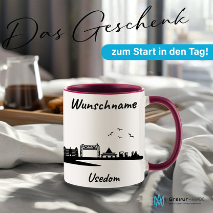 Tasse in Bordeauxrot 330ml bedruckt mit der Skyline von Usedom personalisierbar mit Wunschname