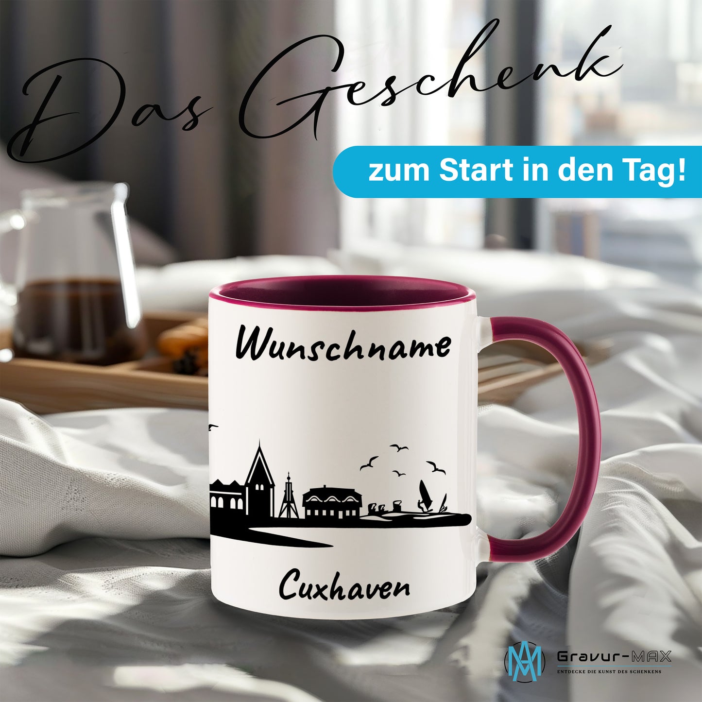 Tasse in Bordeauxrot 330ml bedruckt mit der Skyline von Cuxhaven personalisierbar mit Wunschname