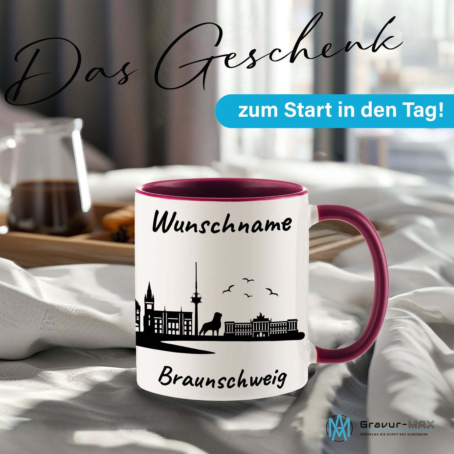 Tasse in Bordeauxrot 330ml bedruckt mit der Skyline von Braunschweig personalisierbar mit Wunschname