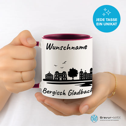 Tasse in Bordeauxrot 330ml bedruckt mit der Skyline von Bergisch Gladbach personalisierbar mit Wunschname