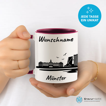 Tasse in Bordeauxrot 330ml bedruckt mit der Skyline von Münster personalisierbar mit Wunschname