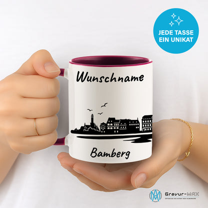 Tasse in Bordeauxrot 330ml bedruckt mit der Skyline von Bamberg personalisierbar mit Wunschname