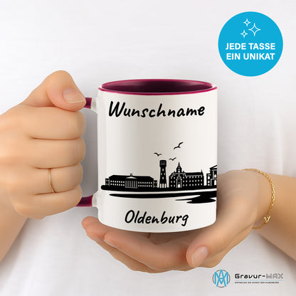 Tasse in Bordeauxrot 330ml bedruckt mit der Skyline von Oldenburg personalisierbar mit Wunschname