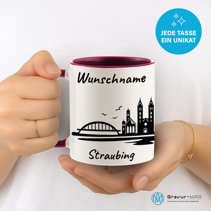 Tasse in Bordeauxrot 330ml bedruckt mit der Skyline von Straubing personalisierbar mit Wunschname