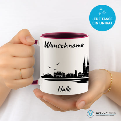 Tasse in Bordeauxrot 330ml bedruckt mit der Skyline von Halle personalisierbar mit Wunschname