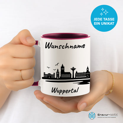 Tasse in Bordeauxrot 330ml bedruckt mit der Skyline von Wuppertal personalisierbar mit Wunschname