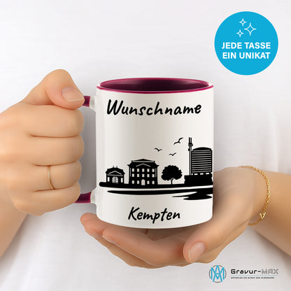 Tasse in Bordeauxrot 330ml bedruckt mit der Skyline von Kempten personalisierbar mit Wunschname