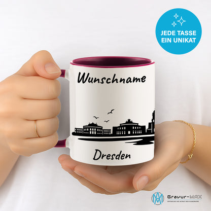 Tasse in Bordeauxrot 330ml bedruckt mit der Skyline von Dresden personalisierbar mit Wunschname