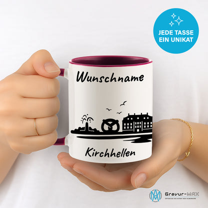 Tasse in Bordeauxrot 330ml bedruckt mit der Skyline von Kirchhellen personalisierbar mit Wunschname