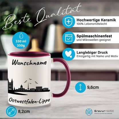 Tasse in Bordeauxrot 330ml bedruckt mit der Skyline von Ostwestfalen-Lippe personalisierbar mit Wunschname