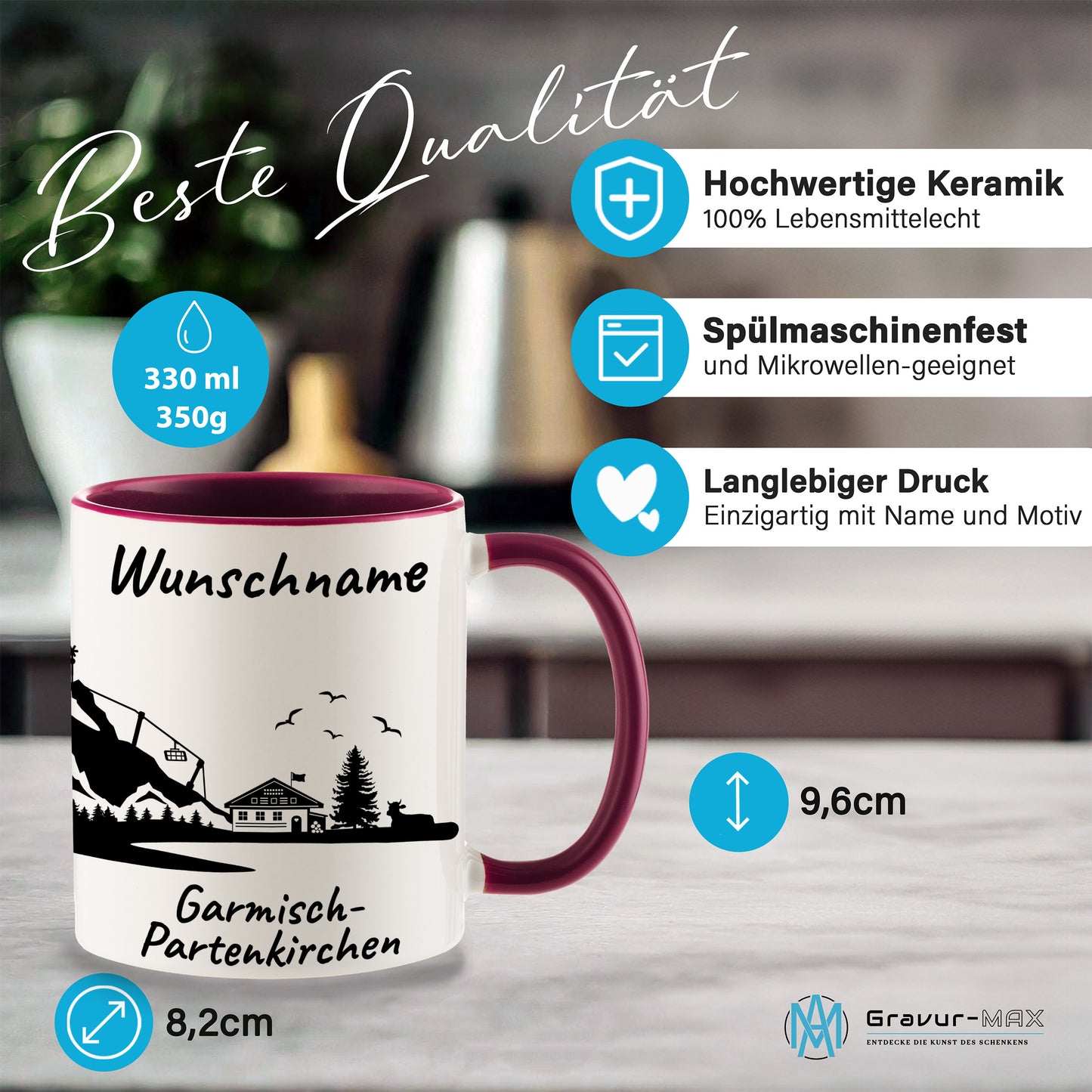 Tasse in Bordeauxrot 330ml bedruckt mit der Skyline von Garmisch-Partenkirchen personalisierbar mit Wunschname
