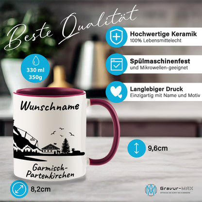 Tasse in Bordeauxrot 330ml bedruckt mit der Skyline von Garmisch-Partenkirchen personalisierbar mit Wunschname