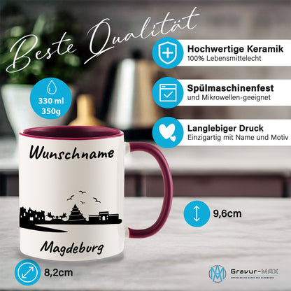 Tasse in Bordeauxrot 330ml bedruckt mit der Skyline von Magdeburg personalisierbar mit Wunschname