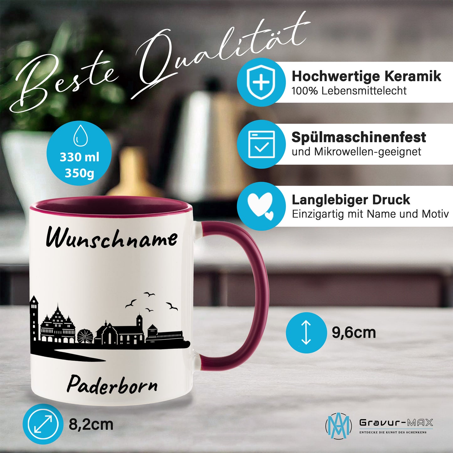 Tasse in Bordeauxrot 330ml bedruckt mit der Skyline von Paderborn personalisierbar mit Wunschname