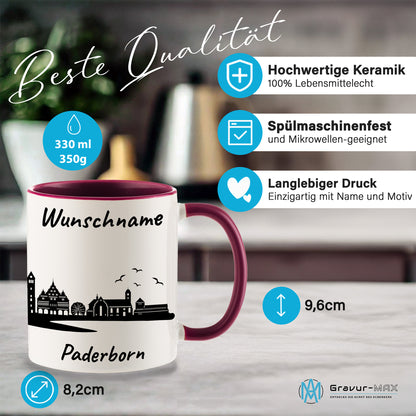 Tasse in Bordeauxrot 330ml bedruckt mit der Skyline von Paderborn personalisierbar mit Wunschname