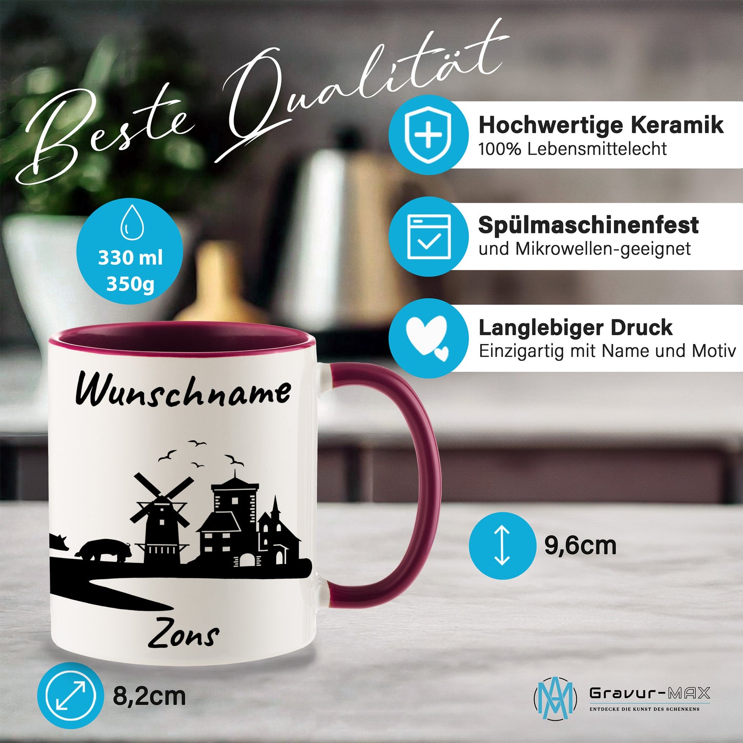Tasse in Bordeauxrot 330ml bedruckt mit der Skyline von Zons (Dormagen) personalisierbar mit Wunschname
