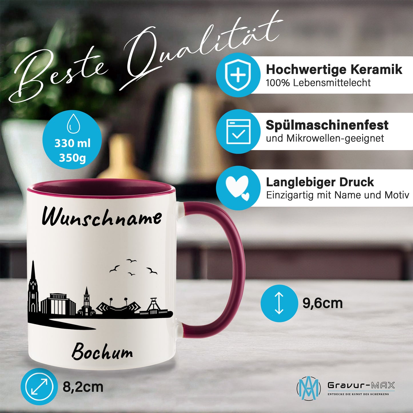 Tasse in Bordeauxrot 330ml bedruckt mit der Skyline von Bochum personalisierbar mit Wunschname