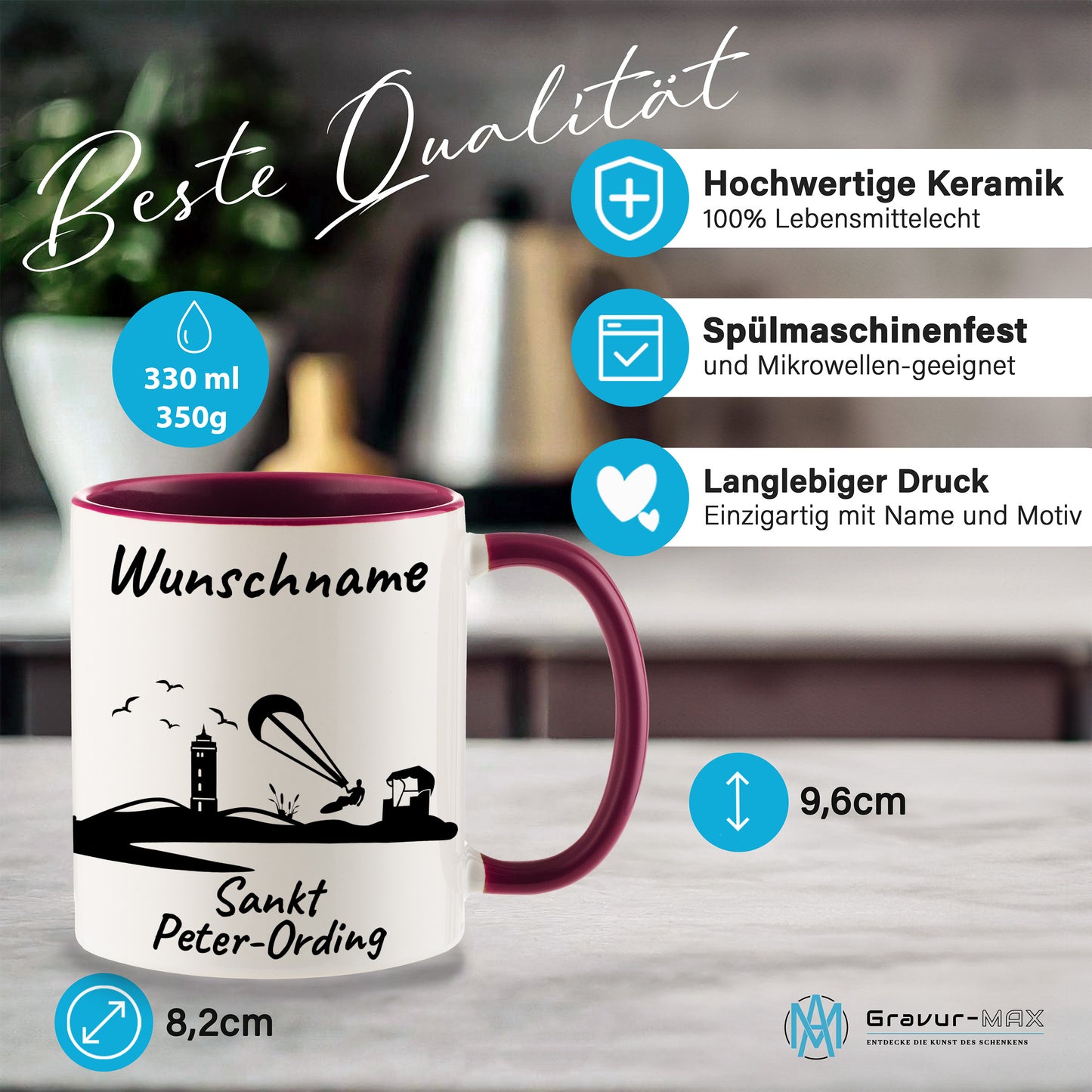 Tasse in Bordeauxrot 330ml bedruckt mit der Skyline von Sankt Peter-Ording personalisierbar mit Wunschname