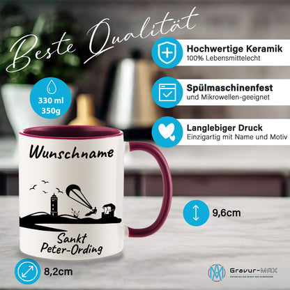Tasse in Bordeauxrot 330ml bedruckt mit der Skyline von Sankt Peter-Ording personalisierbar mit Wunschname
