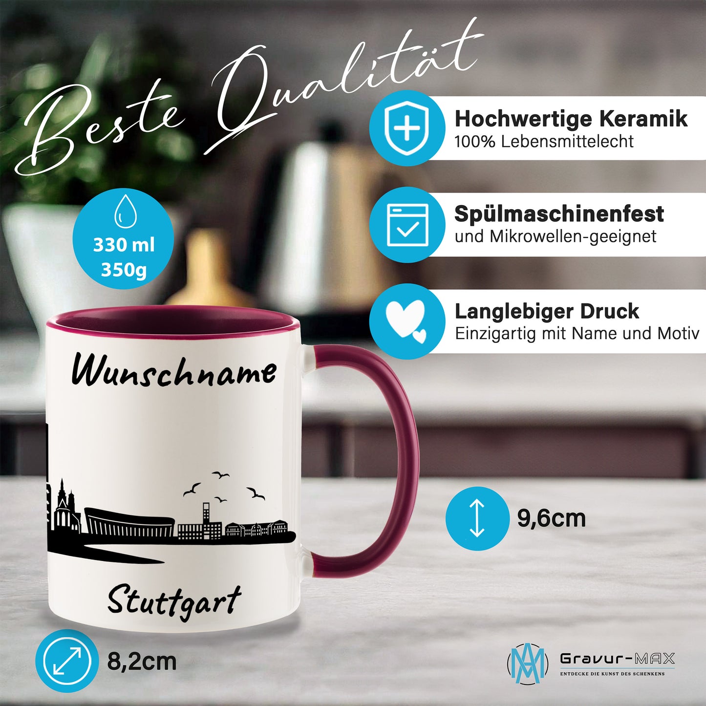 Tasse in Bordeauxrot 330ml bedruckt mit der Skyline von Stuttgart personalisierbar mit Wunschname