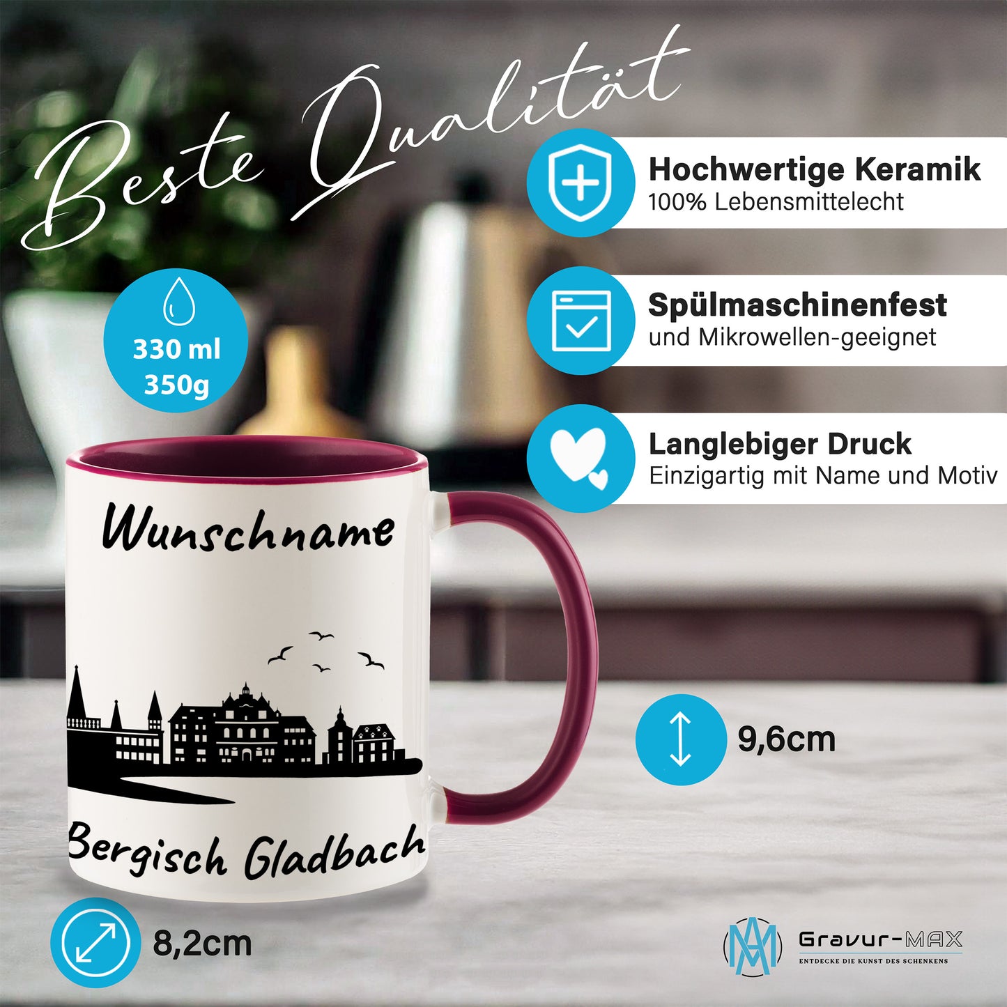 Tasse in Bordeauxrot 330ml bedruckt mit der Skyline von Bergisch Gladbach personalisierbar mit Wunschname