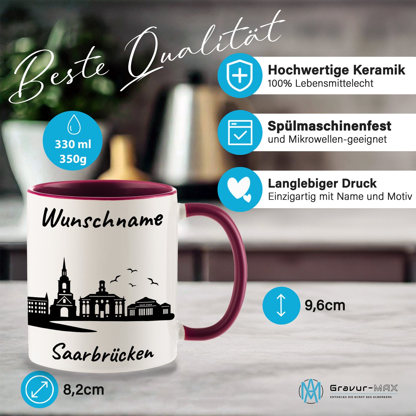 Tasse in Bordeauxrot 330ml bedruckt mit der Skyline von Saarbrücken personalisierbar mit Wunschname
