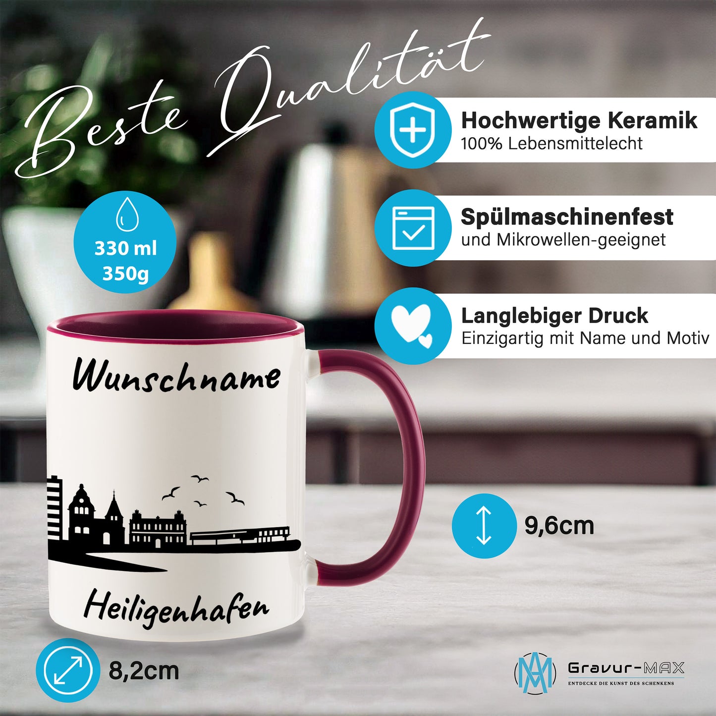 Tasse in Bordeauxrot 330ml bedruckt mit der Skyline von Heiligenhafen personalisierbar mit Wunschname