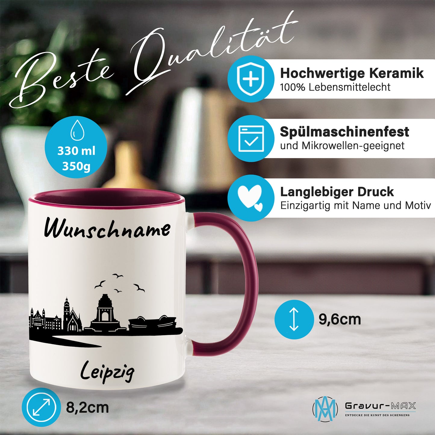 Tasse in Bordeauxrot 330ml bedruckt mit der Skyline von Leipzig personalisierbar mit Wunschname