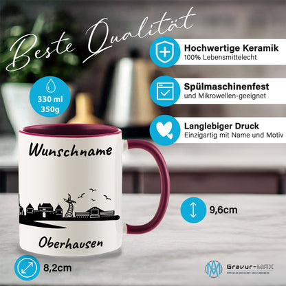 Tasse in Bordeauxrot 330ml bedruckt mit der Skyline von Oberhausen personalisierbar mit Wunschname