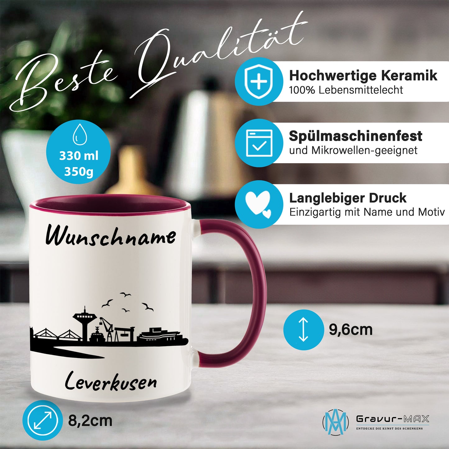 Tasse in Bordeauxrot 330ml bedruckt mit der Skyline von Leverkusen personalisierbar mit Wunschname