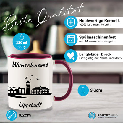 Tasse in Bordeauxrot 330ml bedruckt mit der Skyline von Lippstadt personalisierbar mit Wunschname