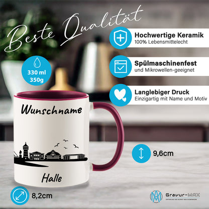 Tasse in Bordeauxrot 330ml bedruckt mit der Skyline von Halle personalisierbar mit Wunschname