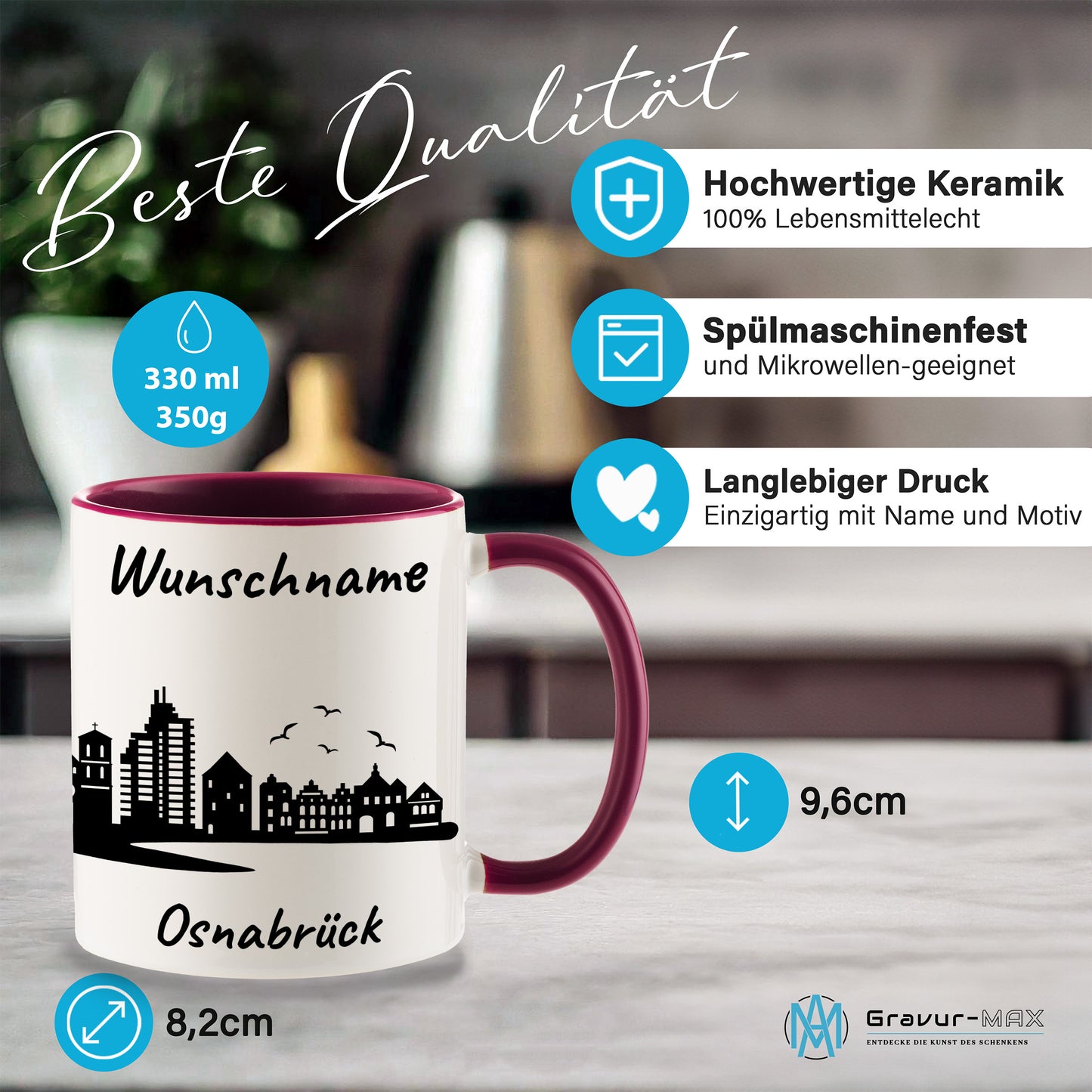 Tasse in Bordeauxrot 330ml bedruckt mit der Skyline von Osnabrück personalisierbar mit Wunschname