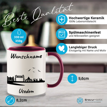 Tasse in Bordeauxrot 330ml bedruckt mit der Skyline von Usedom personalisierbar mit Wunschname