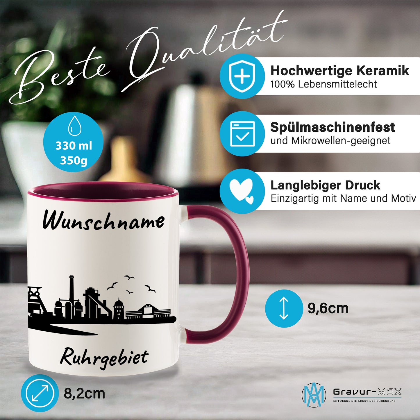 Tasse in Bordeauxrot 330ml bedruckt mit der Skyline von Ruhrgebiet personalisierbar mit Wunschname