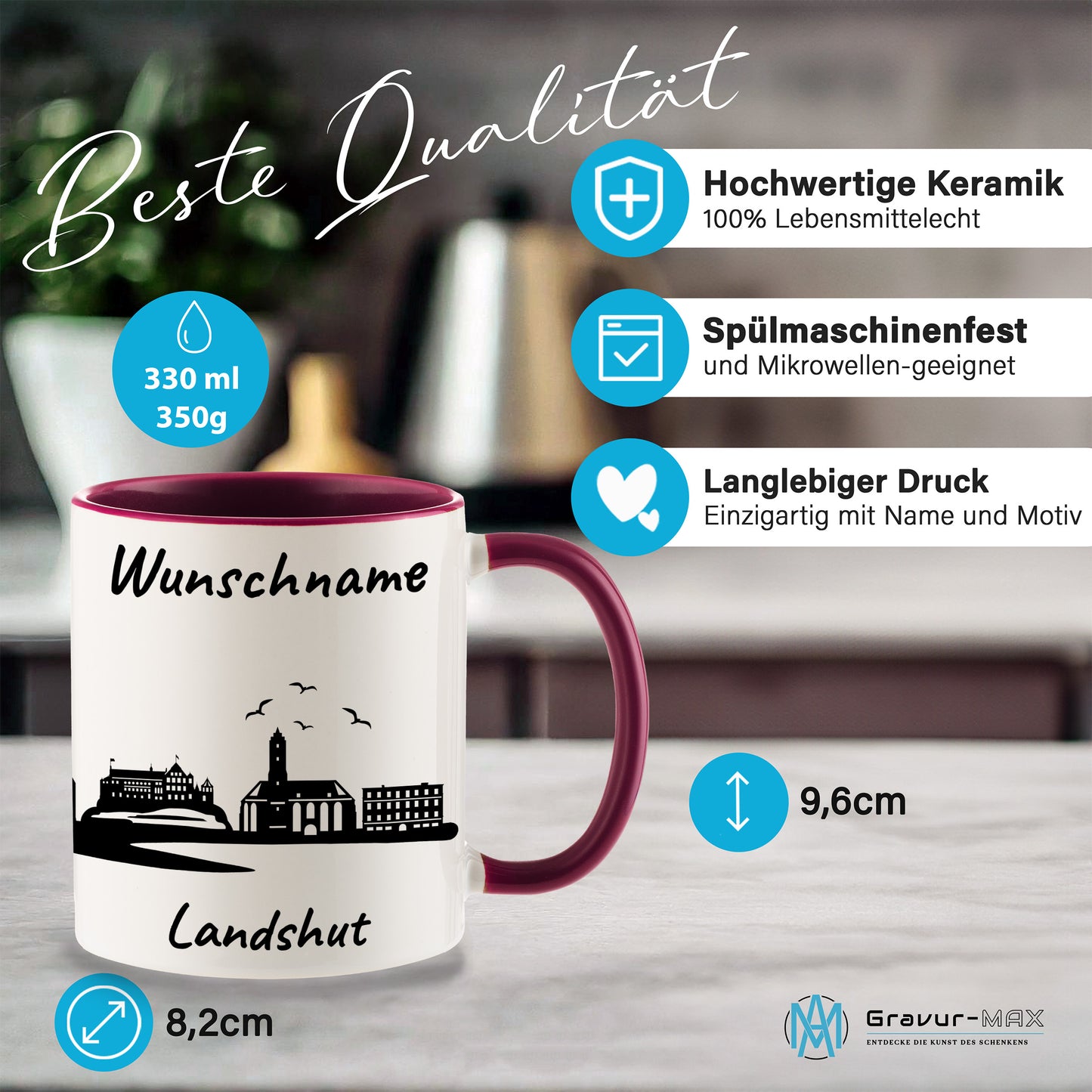 Tasse in Bordeauxrot 330ml bedruckt mit der Skyline von Landshut personalisierbar mit Wunschname