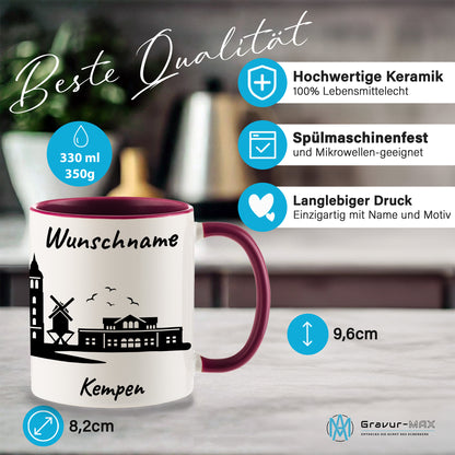 Tasse in Bordeauxrot 330ml bedruckt mit der Skyline von Kempen personalisierbar mit Wunschname