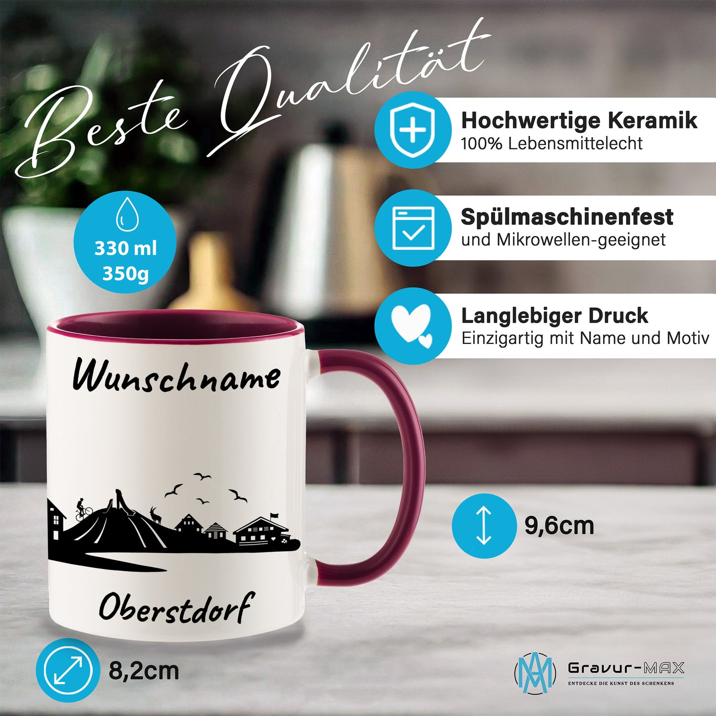 Tasse in Bordeauxrot 330ml bedruckt mit der Skyline von Oberstdorf personalisierbar mit Wunschname